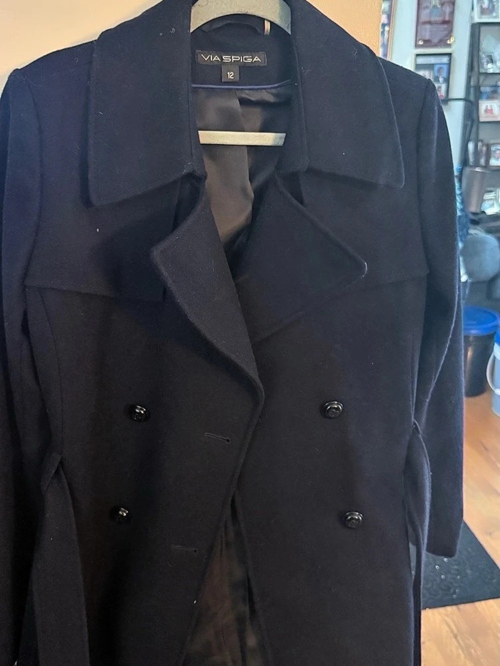 VIA SPIGA WOOL Women's Black Double-Breasted pleated short Trench Coat